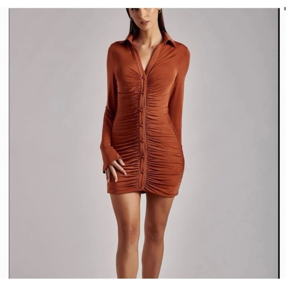 MESHKI alexandra ruched long sleeve mini dress burnt orange - Picture 1 of 6